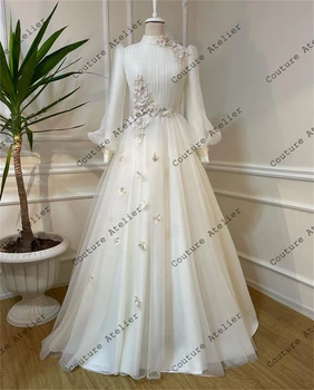 Мюсюлманската сватбена рокля от бял тюл Вечерни рокли за сватбеното парти в Дубай с пищни ръкави Ислямското рокля за бала Линия Вечерни рокли от мъниста