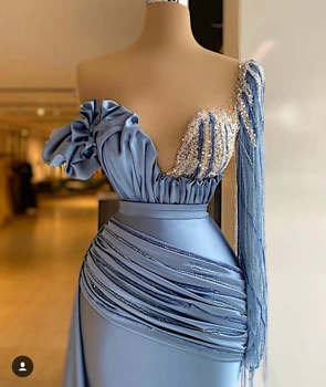 Небето-синьо атласное вечерна рокля Русалка с гънки с волани и пайети на едно рамо Абитуриентски рокли за жените, които Вечер вечерна рокля