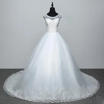Нов Прием на Сватбена рокля с аппликацией на шията и дълъг влак Елегантна тънка булчинската рокля без ръкави с дантела Плюс Размер Vestido De Noiva L