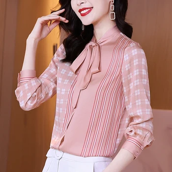 Офис женска риза Розов Елегантен лък яка-часова рецепция с дълъг ръкав Свободни дамски потници в клетка в ивица с принтом Дамска блуза от естествена коприна и сатен