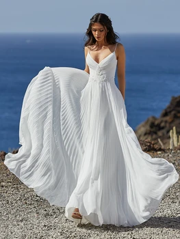 Плиссированное шифоновое сватбена рокля трапецовидна форма на спагети презрамки Прост дължина до пода Бохо Приморски Плаж с отворена на гърба с цип Тънки сватбени рокли