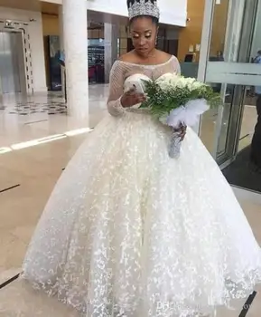 Плюс Размер Сватбени Рокли Дантела Африкански Прозрачни Мъниста на шията Колан Бална Рокля-Дълга рокля vestido de noiva