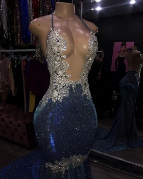 Приталенные дълга секси рокля за бала 2022 Прозрачен Топ от перли Дантела Блестящи сини Африкански Черно Момиче е Истинска Снимка на Бала Празнични рокли