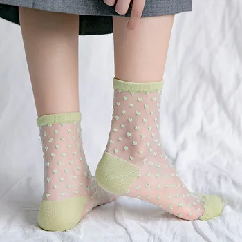 С обилна принтом Японски сладки чорапи Kawaii Летни тънки дишащи дамски чорапи от кристалния коприна Harajuku Реколта улични чорапи за екипажа