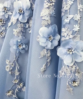 С открити рамене 3D апликация на Цвете с кристали Синя рокля за бала дантела отзад Секси вечерна рокля abiti da cerimonia donna