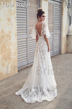 Сватбена рокля трапецовидна форма с 3D цветна бродерия и V-образно деколте с драпированными ръкав