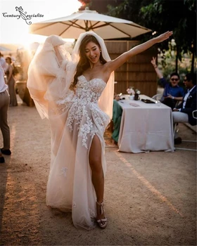 Сватбени рокли Vestido De Noiva Boho 2020 с дантелен аппликацией с намаляване на Трапецовидна форма, без презрамки, дантела Плажни сватбени рокли Robe De Mariee