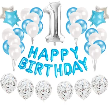 Сребърен Номер 1 Комплект Балони от Фолио 1-во честит Рожден Ден Украса За Парти Деца Момчето Ми Първата Година Хелий Глобус Доставка