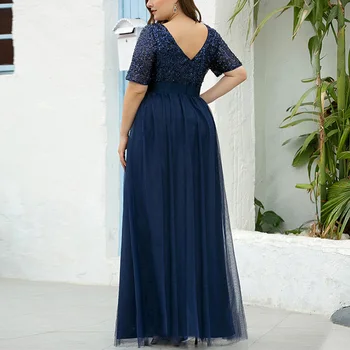 Тъмно синя вечерна рокля DR1548 с V-образно деколте и къс ръкав Вечерни рокли от лъскави пайети Vestidos De Fiesta Вечерни рокли трапецовидна форма 2020