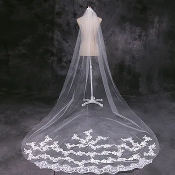 Фата за младоженци дълга бродирана лейси воали сватбена рокля на сватбени партита