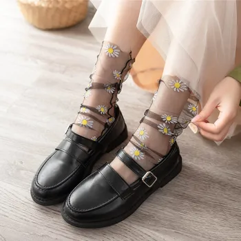 Цветни чорапи Дамски прозрачни мрежести чорапи за глезените с цветя за момичета женски тънки принцеса Еластичен Тюл дълги чорапи Дамски летни