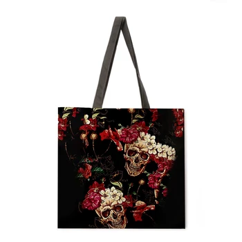 Чанта с флорални принтом на черепа, дамски бельо чанта, дамска чанта на рамото, градинска чанта, сгъваема пазарска чанта